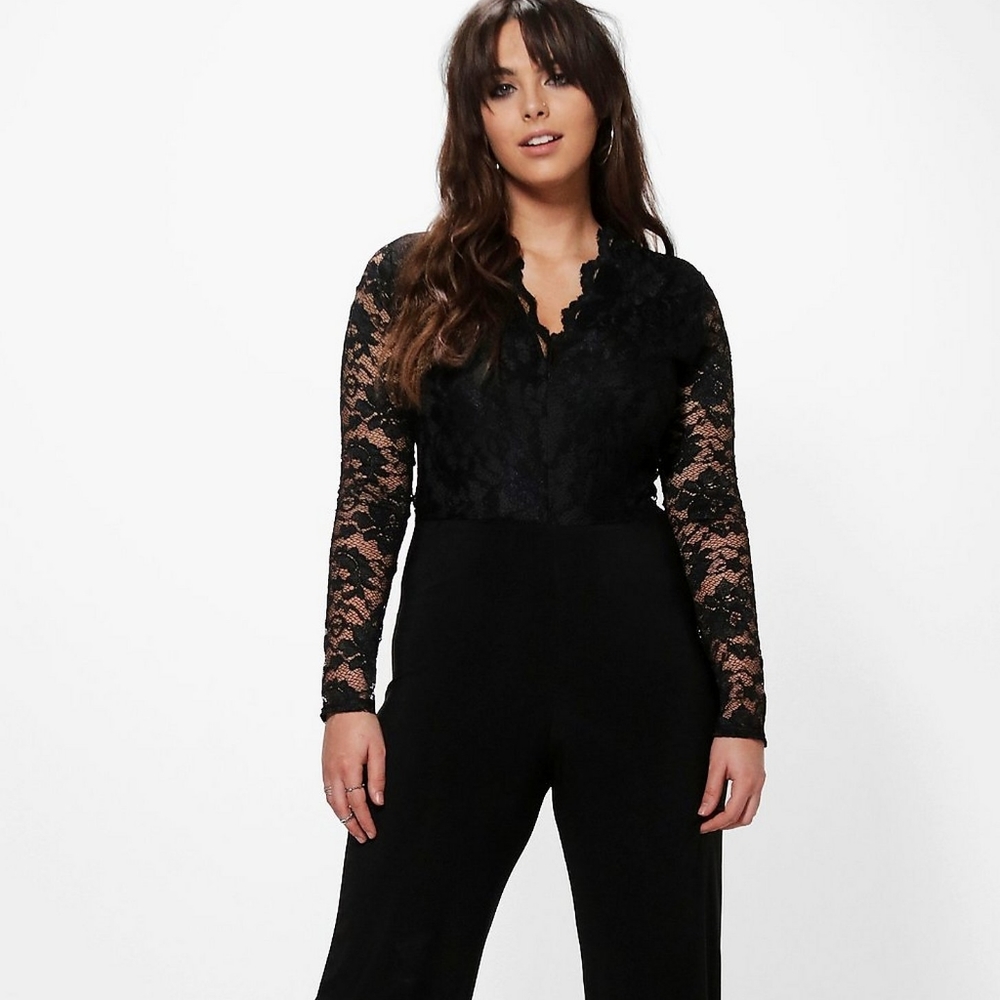 Plus Long Sleeve Lace Top Slinky Jumpsuit